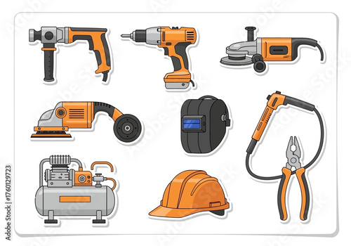 Construction tools sticker sheet hammer drill grinders mask compressor helmet welder pliers