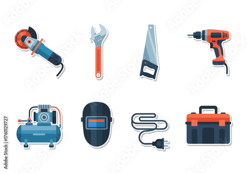 Eight construction tools are organized into two rows of four on a white background