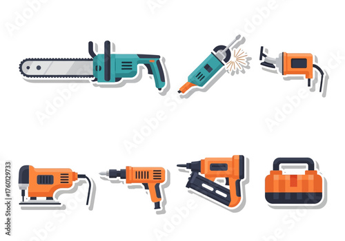 Graphic Assorted construction tools chainsaw grinder staple gun jigsaw drill toolbox