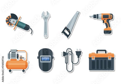 Graphic Tools arrayed on a white background include a drill wrench saw grinder air compressor welding mask cord and toolbox