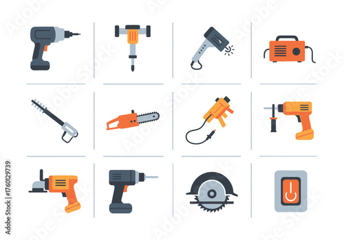 Grid of icons drills jackhammer welder power unit hedge trimmer chainsaw power tool circular saw and switch