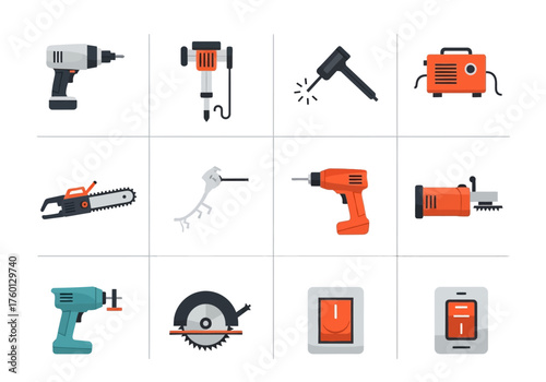 Icons of a drill jackhammer welder generator chainsaw rake circular saw and switch displayed in a 3x4 grid