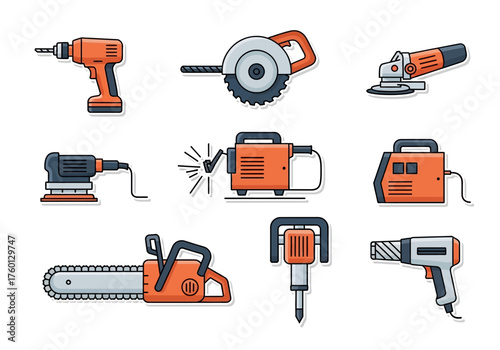 Illustration of construction tools drill saw grinder sander welder generator chainsaw jackhammer heat gun