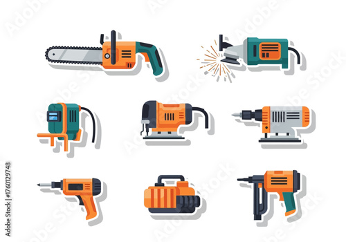 Illustration of diverse power tools chainsaw grinder welder sander drill nail gun pump jigsaw