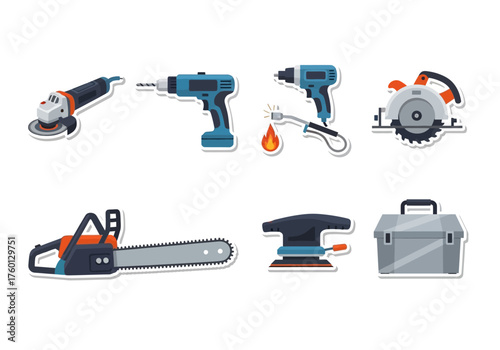 Illustration of various power tools including drills sanders saws and a toolbox arranged on a white background