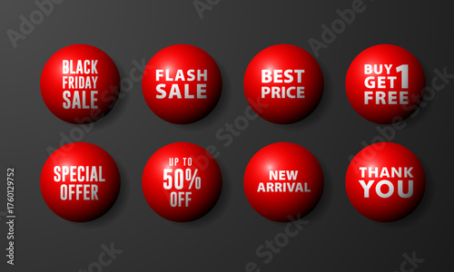 Shiny Red Balls label collection set on isolated black background. Black Friday Sale, Special Offer, Flash Sale, Buy 1 get 1 Free, 50 percent discount off, Best Price, Thank You, New Arrival Red Balls
