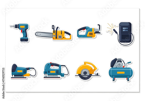 Illustration shows eight tools drill chainsaw sander and welding mask on a white background