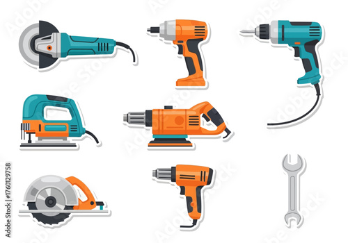 Illustration of power tools including grinders drills sander and a wrench