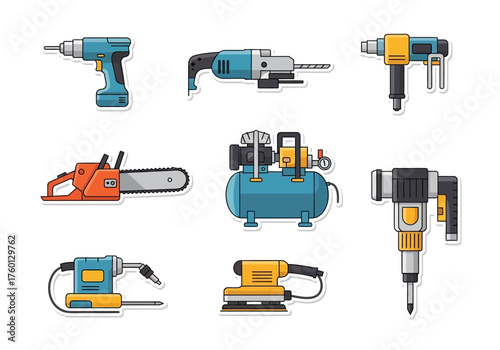 Isolated vector graphics display various power tools on a white background