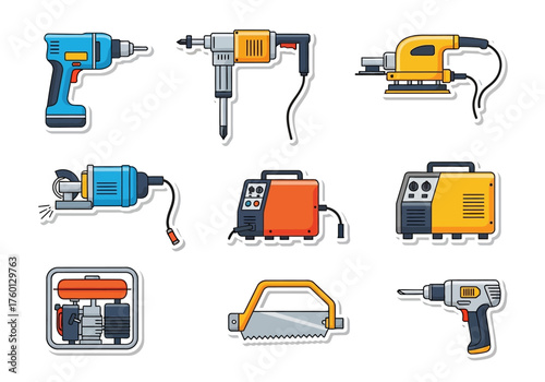 Nine isolated cartoonstyle construction tool stickers with light blue yellow orange gray and black colors on a white background