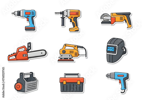 Nine tools are in the image drills a saw a toolbox a welding helmet a sander and a hotglue gun