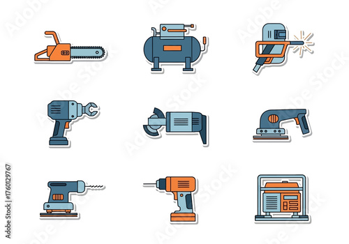 Nine tool stickers arranged in a threebythree grid with white space background
