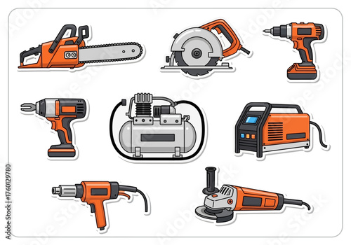 Tool set chainsaw circular saw drills air compressor welder heat gun grinder all with orange accents