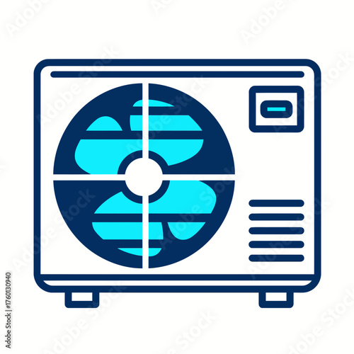 An illustration of an outdoor air conditioning unit with a visible fan and vents, depicted in blue and light blue colors.