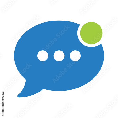 Messaging icon with blue speech bubble, ellipsis, and green notification dot for chat UI and communication signage