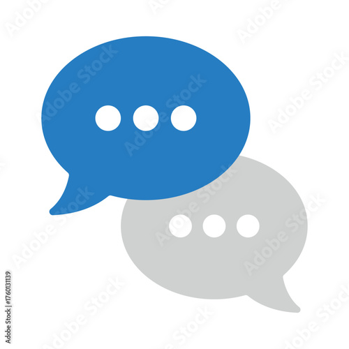 Overlapping chat bubbles with typing indicators in blue and gray for messaging UI and communication signage
