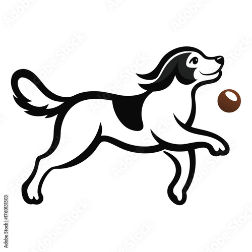 Playful cartoon dog with black markings happily chasing a brown ball isolated on white background
