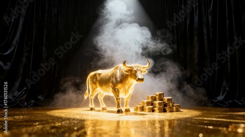 A golden bull stands under a spotlight on a misty stage, surrounded by stacks of gold coins, with dark black velvet curtains framing the scene of wealth and prosperity