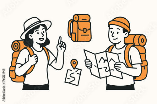 Happy couple with backpacks and map planning adventure journey together outdoors