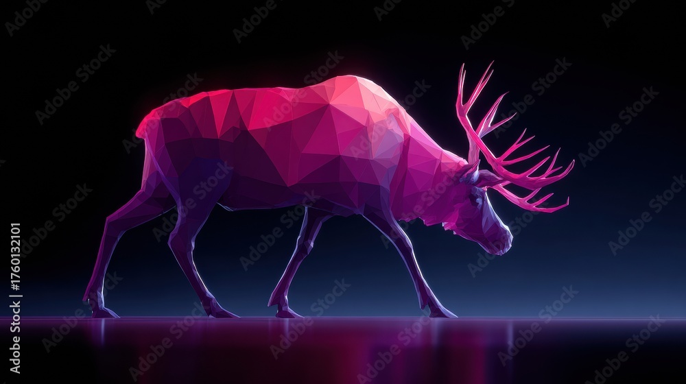 Obraz premium A striking artistic representation shows a polygonal deer moving gracefully against a neon-lit backdrop. The design highlights the beauty of wildlife.