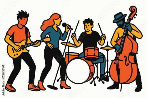 Energetic illustration of a diverse band performing live music with guitar bass drums and vocals