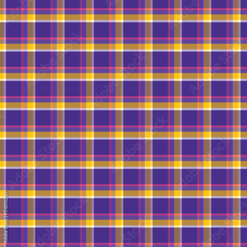 Bold Royal Purple, Yellow, and Orange Plaid Pattern, Vibrant Tartan Fabric Texture,
