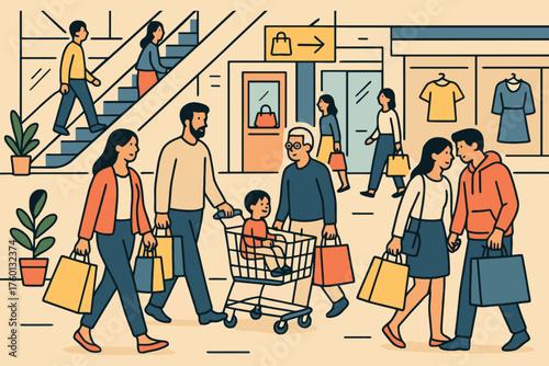Diverse group of people enjoying a shopping trip together in a busy modern mall