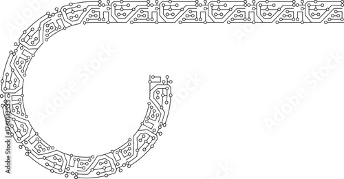 Straight electronic circuit line bending into an incomplete loop with visible open ends.