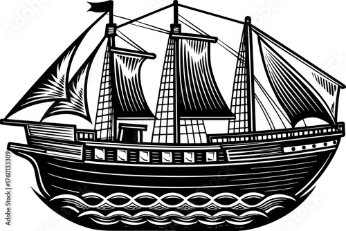 Maritime Voyage: A detailed woodcut depiction of a majestic sailing vessel, navigating the vast expanse of the sea, its sails billowing gracefully with the wind.