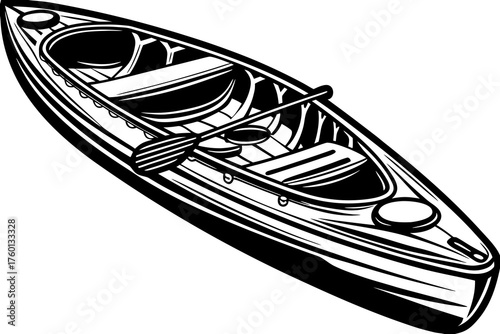 Kayaking Essentials: A top-down view of a kayak with its oar, capturing the essential tools for aquatic adventures, invites you to explore the open water, embrace the thrill of kayaking.