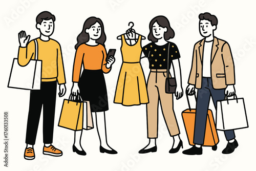 Diverse group of young adults enjoying a shopping spree with bags and luggage