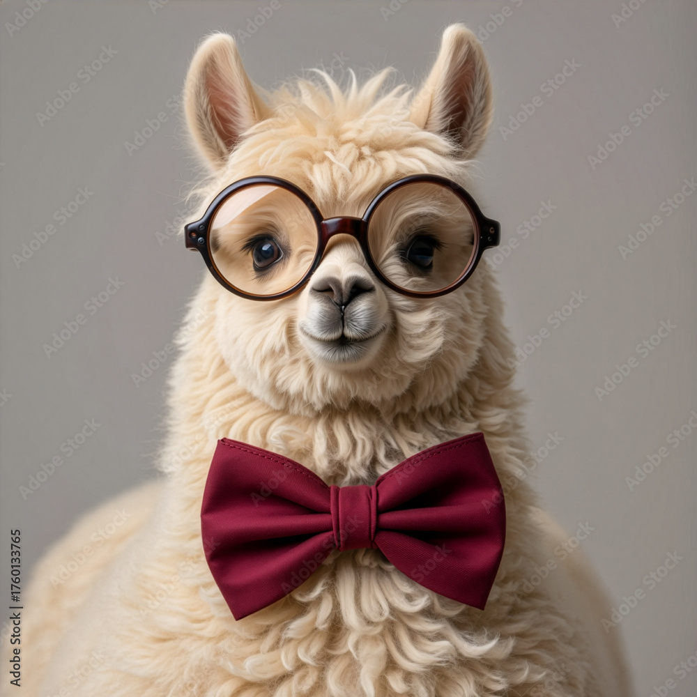 Fototapeta premium Portrait of a sophisticated alpaca wearing eyeglasses and a vibrant red bow tie