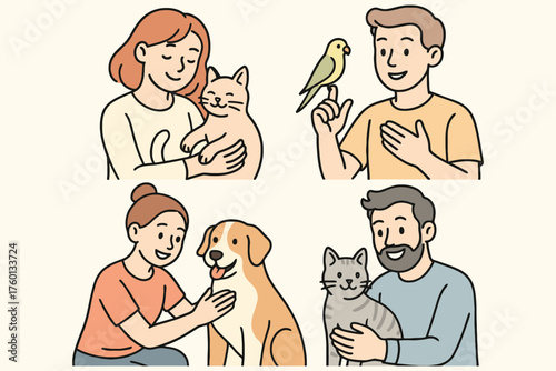 Diverse people happily interacting with their beloved pets including cats dogs and a bird