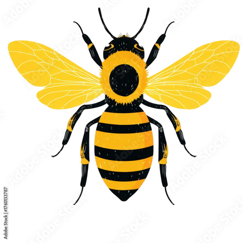 Stylized yellow and black honey bee illustration on white.