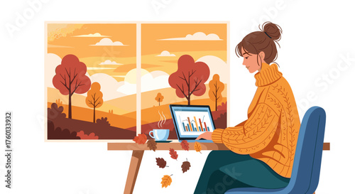Woman working remotely on laptop at desk with scenic autumn landscape view