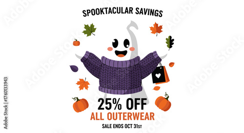 Cute ghost in sweater advertising a Halloween sale 25 off outerwear with autumn leaves and pumpkins