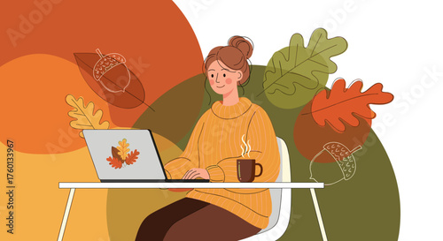 Happy woman working on laptop in cozy autumn setting with hot drink