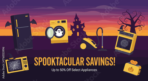 Spooktacular Halloween appliance sale banner with haunted house background illustration
