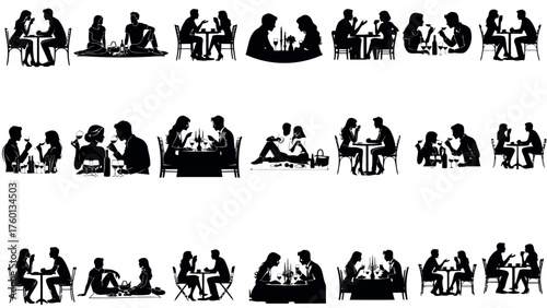 Collection of Romantic Couples Silhouettes: Diverse Dating Scenes, Intimate Dinners, Wine Tasting, Outdoor Picnics, Relationship Moments, Love and Romance Concept Art.