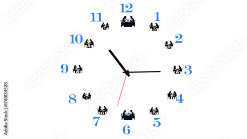 Creative clock illustration with couple silhouettes on each hour mark, romantic dinner theme, modern relationship concept, time and love symbolism, minimal vector design on white background