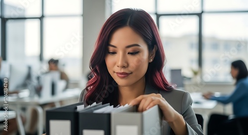 Wallpaper Mural A professional Asian businesswoman with highlighted hair organizes files in a modern open-plan office. Torontodigital.ca