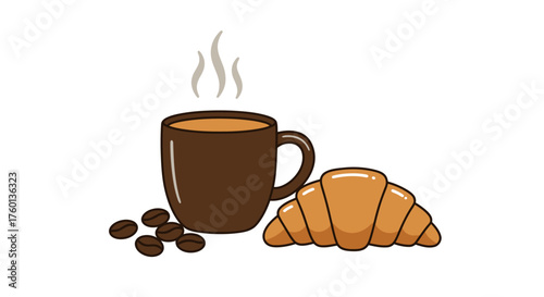 Steaming Coffee Cup with Fresh Croissant and Coffee Beans.