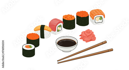 Assorted Sushi Rolls with Soy Sauce and Chopsticks Illustration.