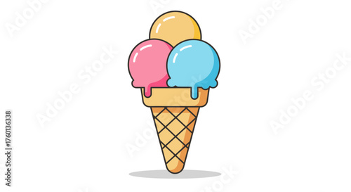 Colorful Ice Cream Cone with Three Scoops Dessert Illustration.