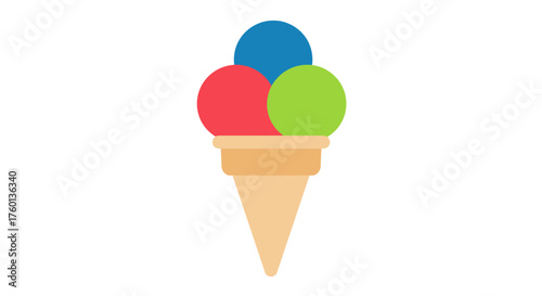 Colorful three scoop ice cream cone vector illustration.