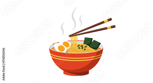 Delicious steaming ramen bowl with chopsticks and tasty ingredients.