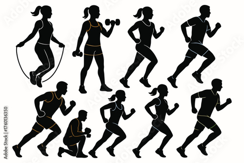 Diverse silhouettes of people engaging in various fitness activities and sports