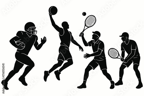 Dynamic silhouette illustrations of athletes playing football basketball and tennis in action