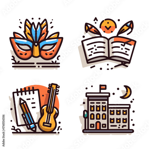 Colorful carnival mask with open book, guitar, and school building  