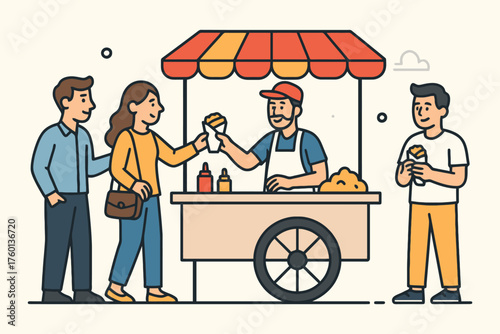 Diverse people buying food from a street vendor cart at a bustling outdoor market
